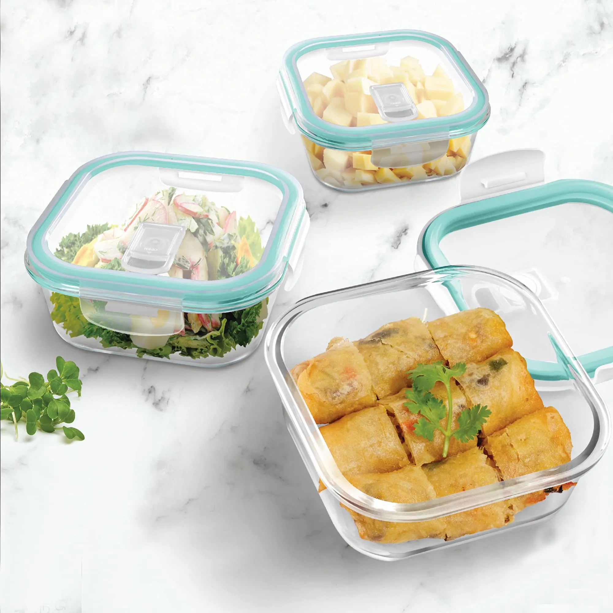 Treo by Milton All Fresh Square Glass Tiffin Containers with Insulated Jacket, 2 Containers, 400 ml Each