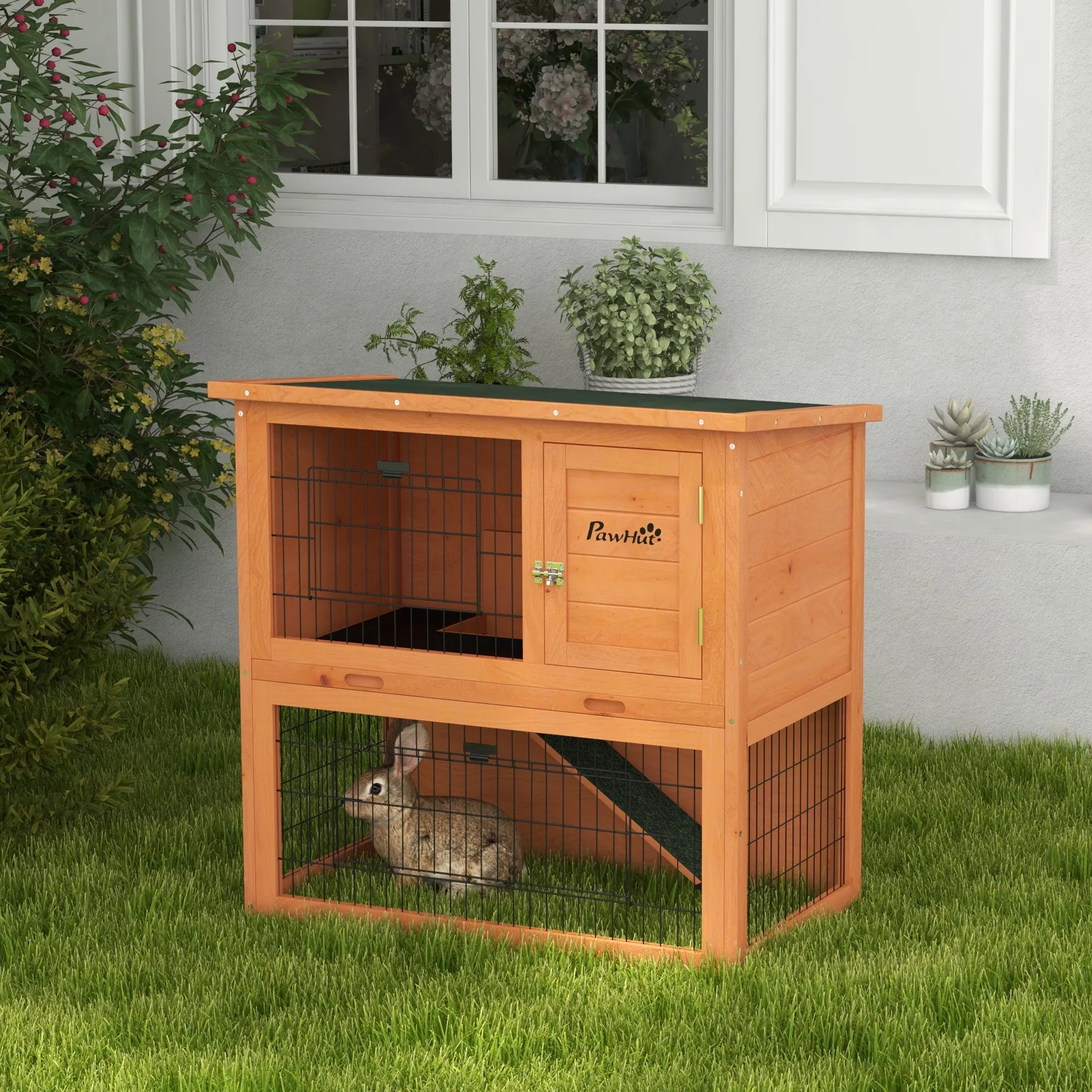 Two-Tier Antiseptic Wood Rabbit Hutch, 80cm Guinea Pig Hutch with Run - Orange