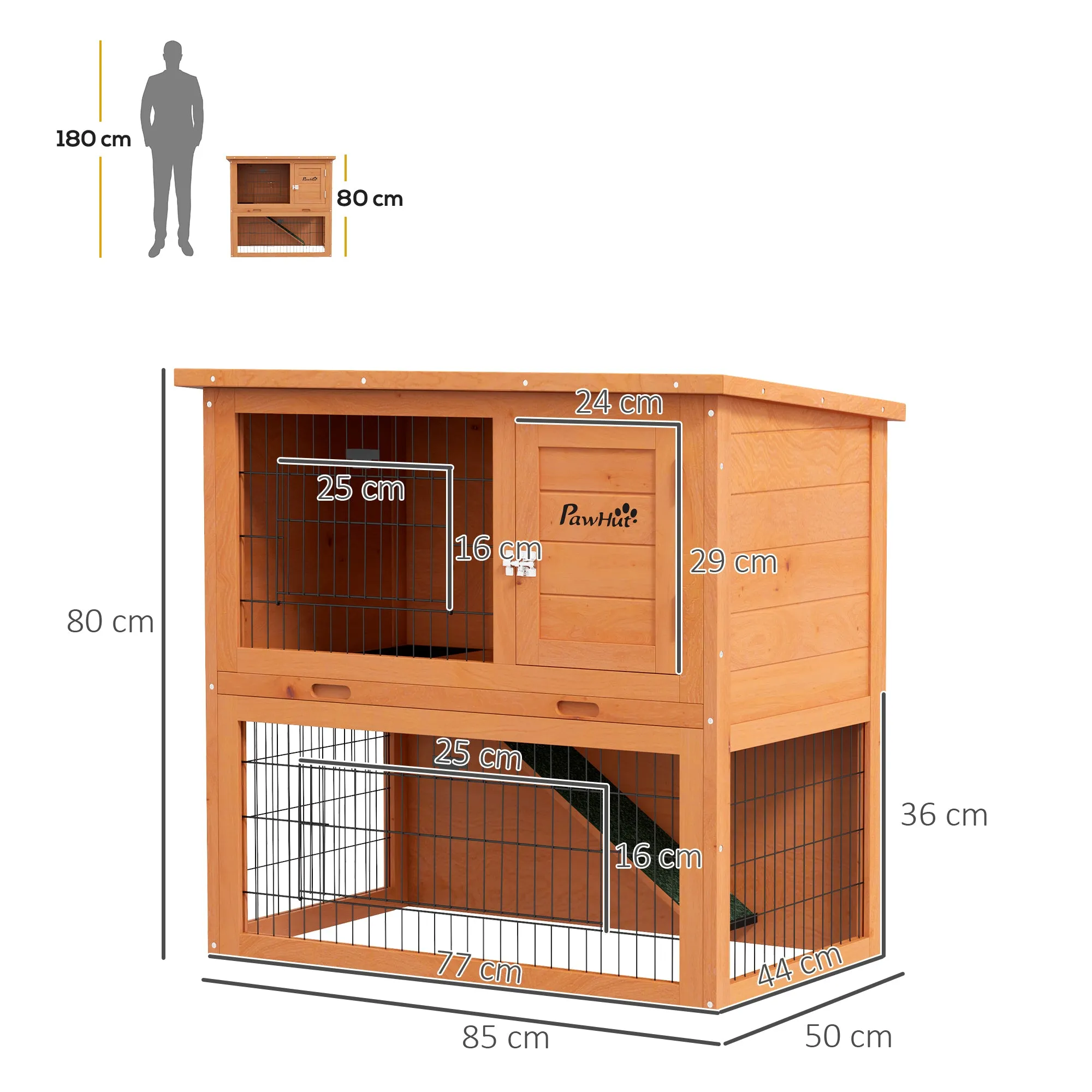 Two-Tier Antiseptic Wood Rabbit Hutch, 80cm Guinea Pig Hutch with Run - Orange