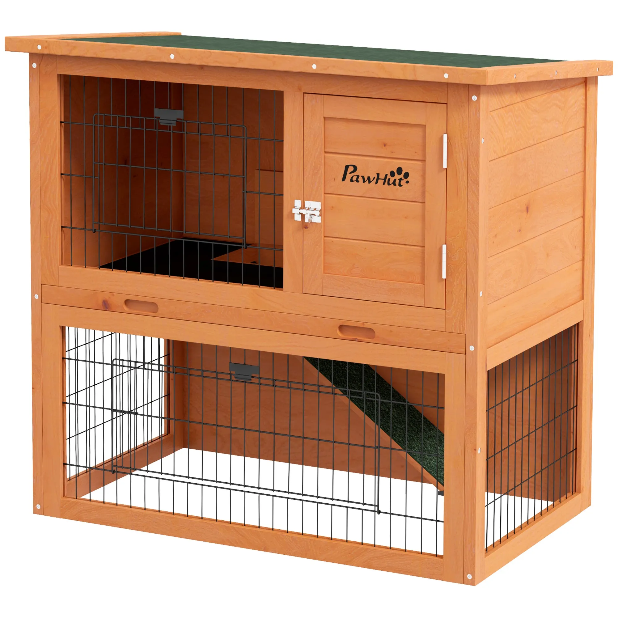 Two-Tier Antiseptic Wood Rabbit Hutch, 80cm Guinea Pig Hutch with Run - Orange