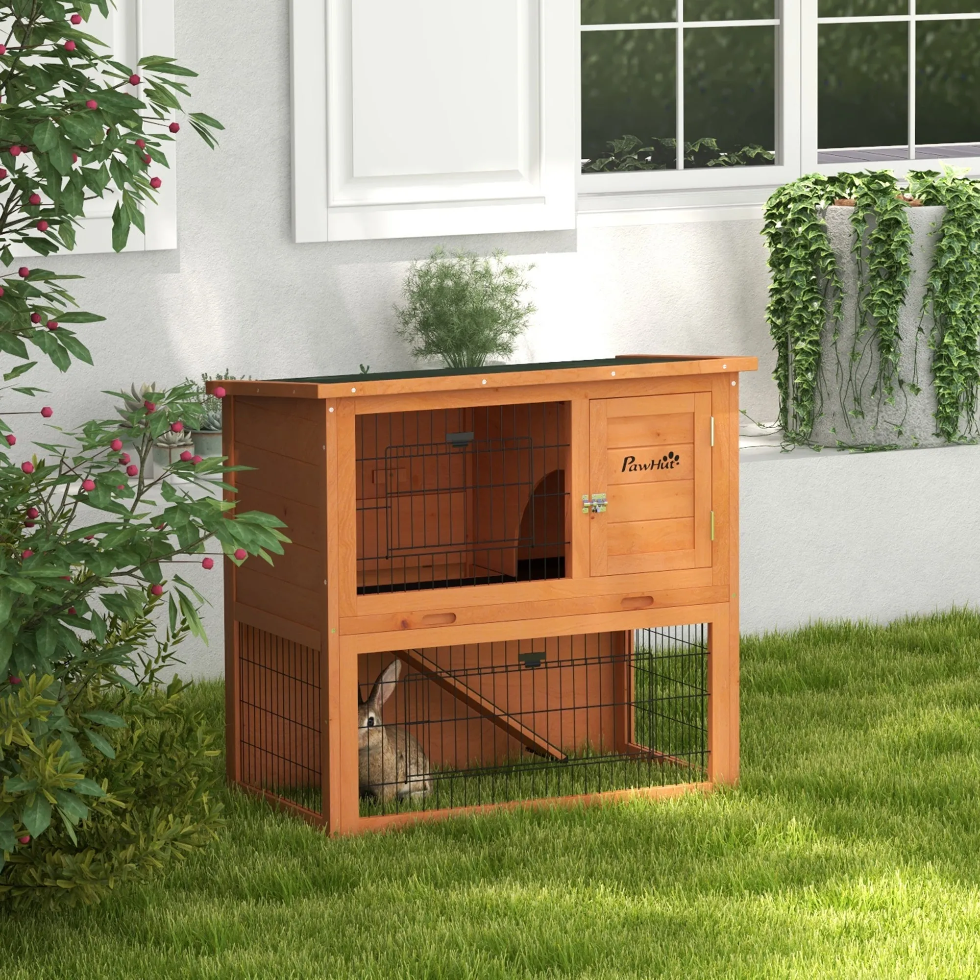 Two-Tier Antiseptic Wood Rabbit Hutch, 80cm Guinea Pig Hutch with Run - Orange