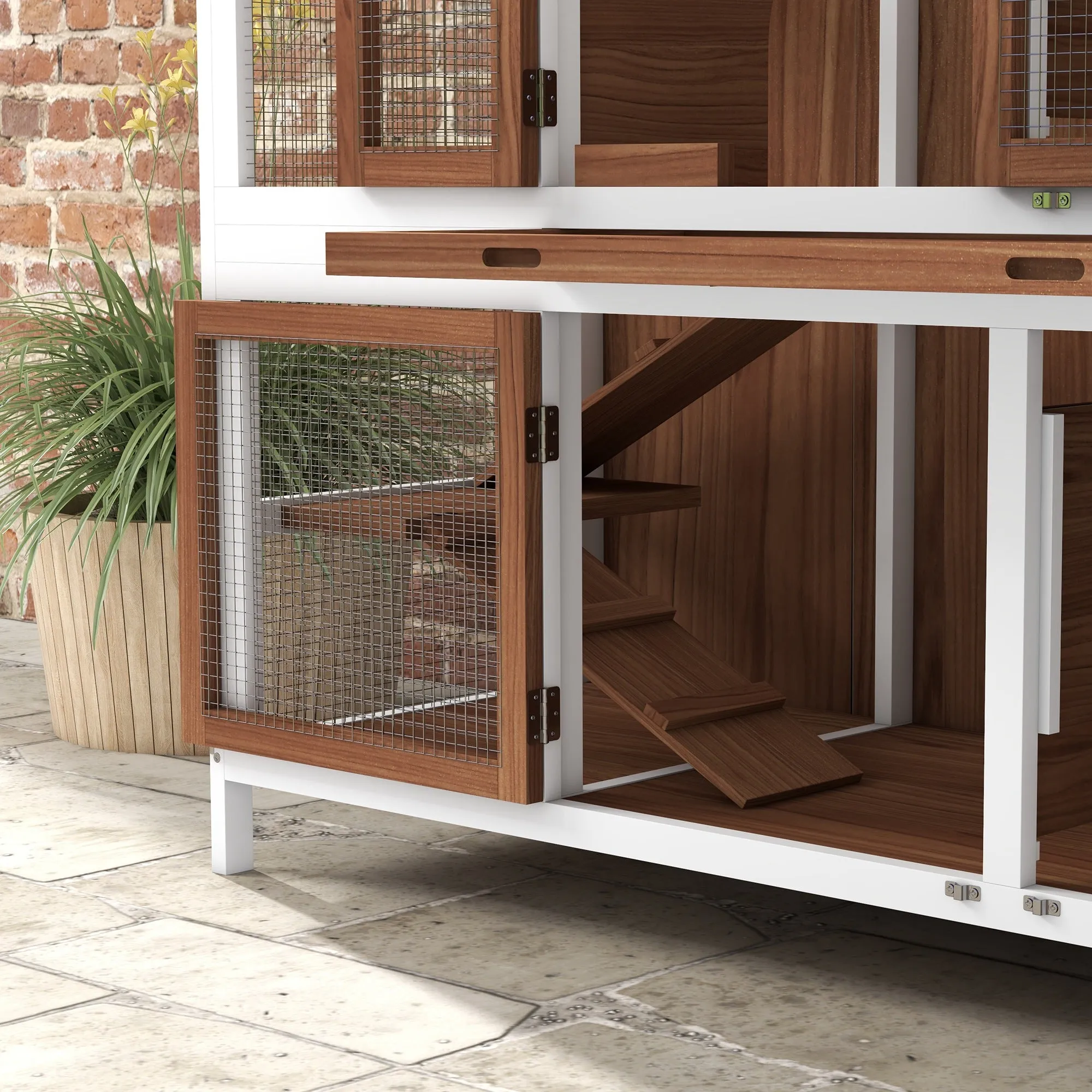 Two-Tier Wooden Pet Hutch with Openable Roof, Slide-Out Tray