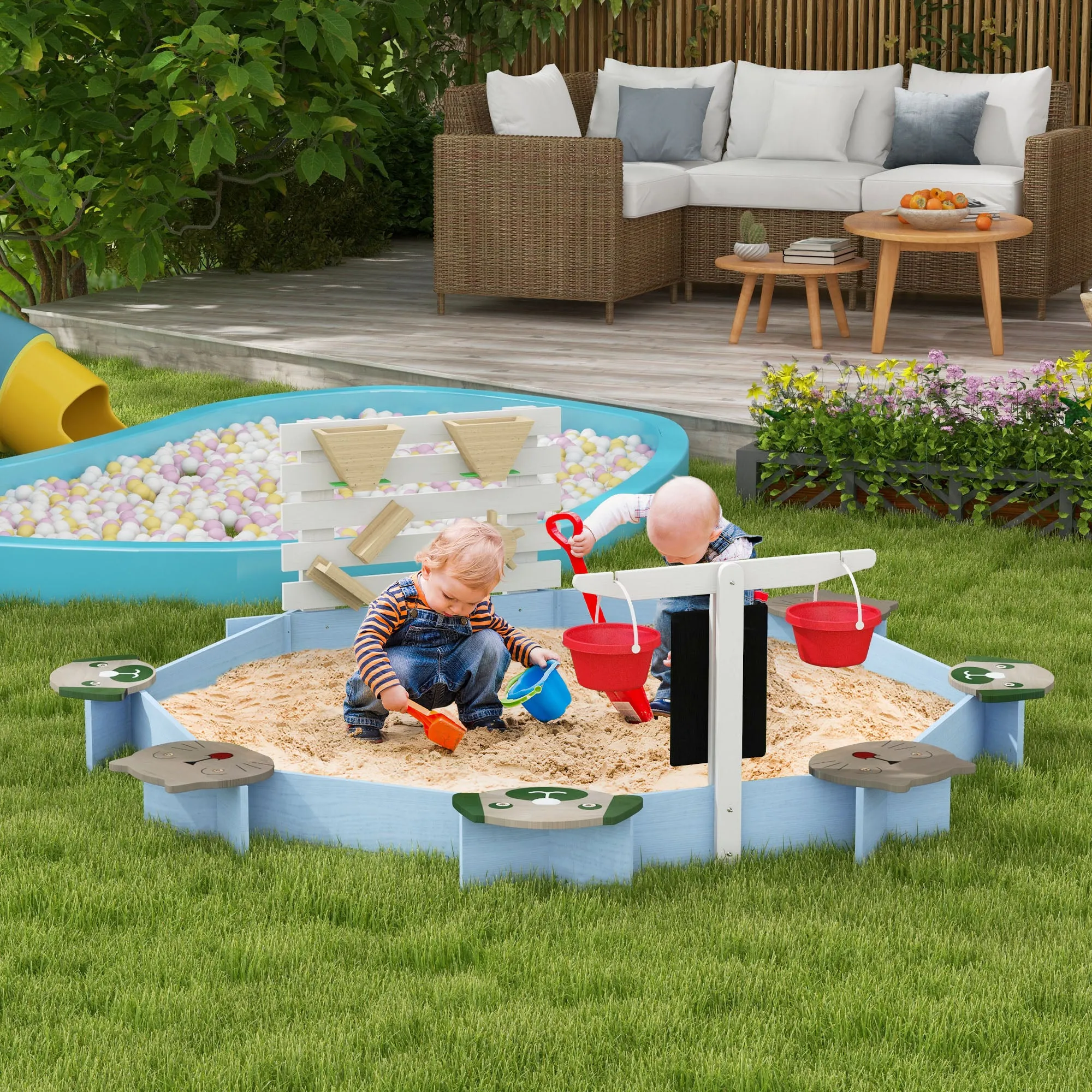 Wooden Kids Sandbox with 6 Seats Blue